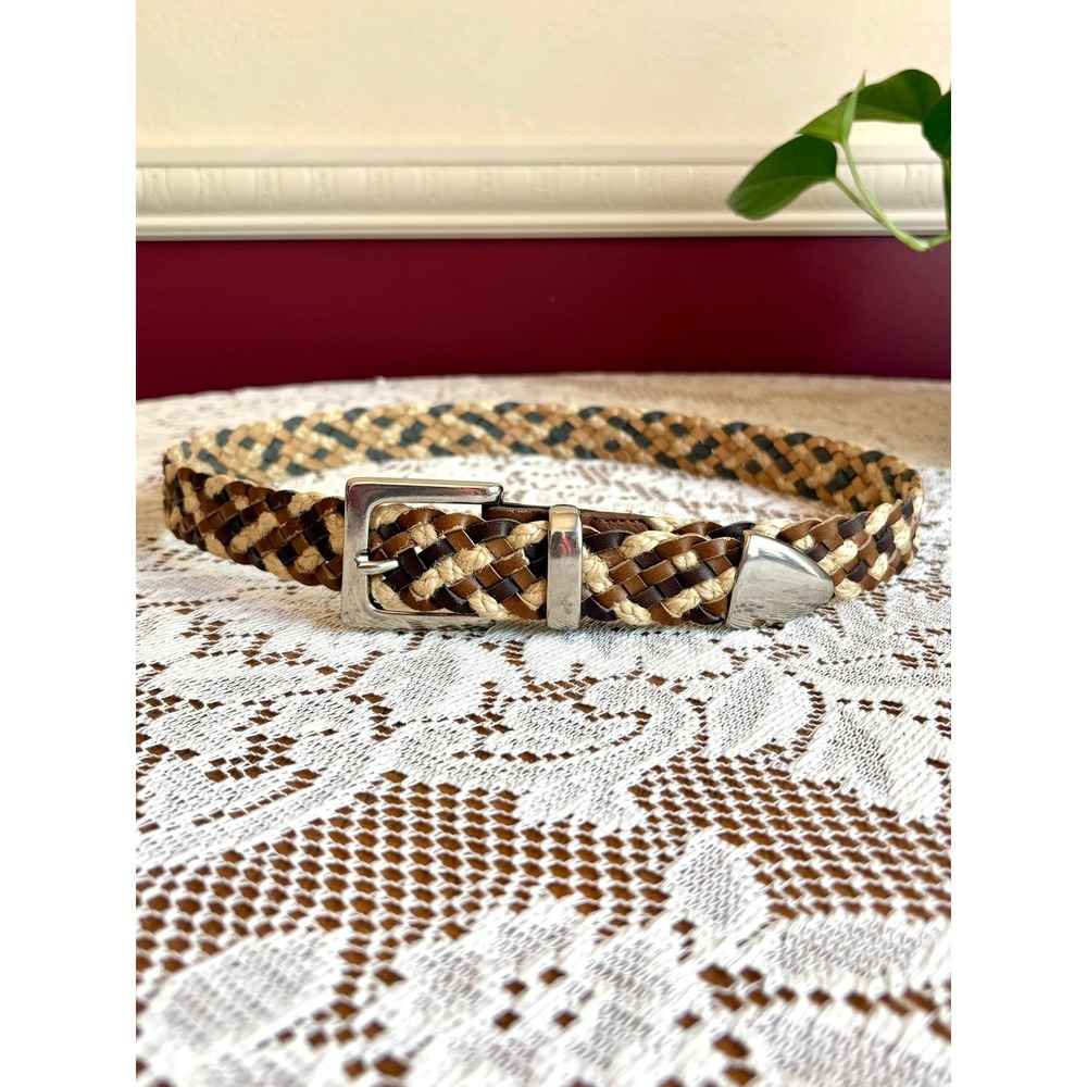 Bohemian Braided Leather Jute Belt Brown Tan Silver Buckle Western Vintage 90s M